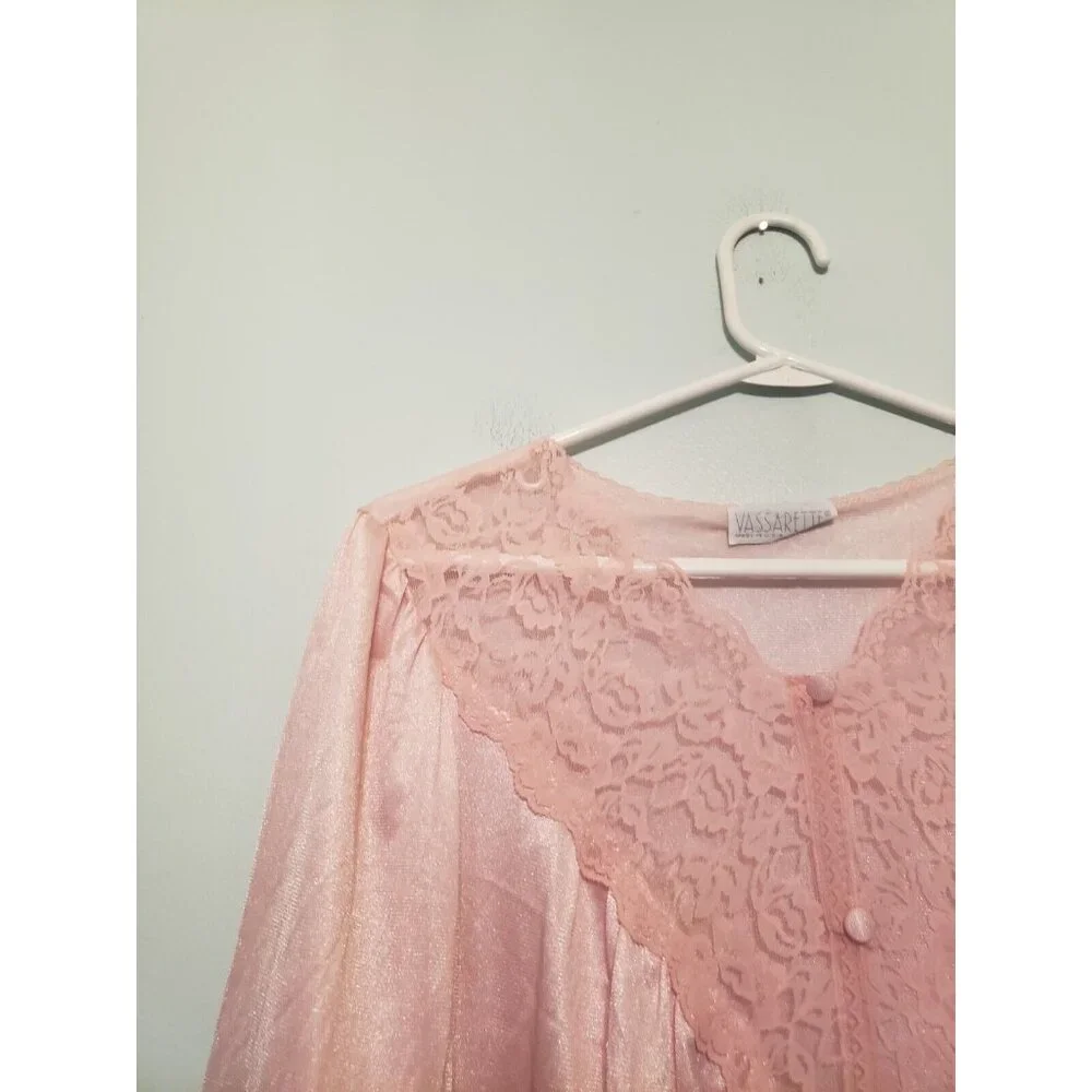 VTG 80s Vassarette Womens M Pegnoir Maxi Robe Pink Lace Open Front 3/4 Sleeve - Picture 4 of 6